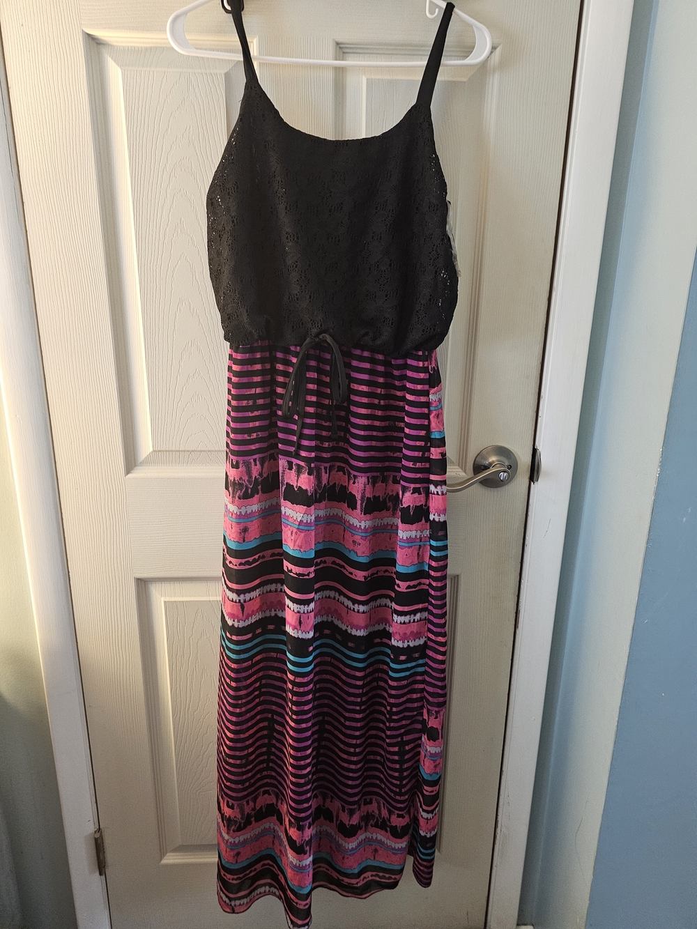 Allison Brittney Black Top Pink Teal Striped Maxi Dress